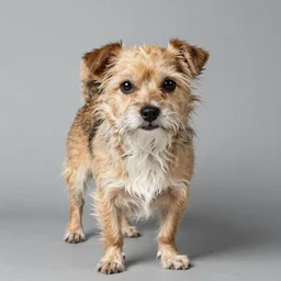 studio portrait of a scruffy terrier-chihuahua mix with a tan face, white snout, and underbite