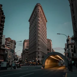 flatiron building and gotthard tunnel entrance combined, wide establishing shot, dark teal lighting, soft dramatic lighting, sharp focus, 4 k digital camera