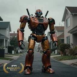 vfx color film giant robot by aaron sims, in residential street, low - key lighting award winning photography arri alexa cinematography, hyper real photorealistic cinematic beautiful, atmospheric