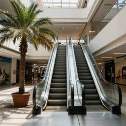 an escalator inside an abandoned mall, with potted palm trees, decaying dappled sunlight, Caspar David Friedrich painting