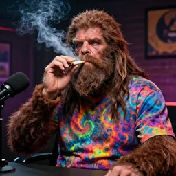 bigfoot smoking a joint wearing a psychodelic shirt at joe rogans podcast, 4 k photo