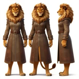 beautiful full body character reference sheet with front, back and side profiles of a strong female anthropomorphic lioness fursona wearing a fantasy long coat with belt and zippers. character design by disney, anime, manga, charlie bowater, ross tran, artgerm, and makoto shinkai, detailed, soft lighting, rendered in octane