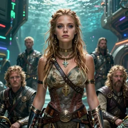 detailed ultrarealistic photography front medium shot of waterworld, matrix, postapocalyptic, scifi cyberpunk nomad warrior girl, leyendecker, norman rockwell, greg rutkowski, moebius, artstation cinematic, vray game of thrones, lord of the rings