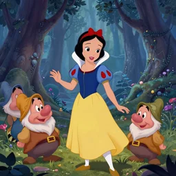 Screenshot from the coloured Disney animated motion picture released in 1937 Snow White and the Seven Dwarfs, directed by Marc Davis and Clyde Geronimi, beautiful enchanted forest full of