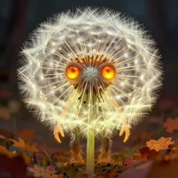 glowing dandelion humanoid figure monster, symmetrical, highly detailed, digital art, sharp focus, trending on art station, amber eyes, autumnal colours