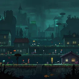 a dreary side scrolling apocalyptic lisa frank underwater crowded seaside town covered in coral and fish in the style of night in the woods the video game