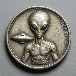 an alien or ufo or astronaut on ancient metal coin