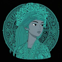 balinese girl, digital art by hokusai and james gurney, matte painting, black canvas with intricate and vibrant aqua line work, random fractals, golden teal and gothic illustration, silver layers, exquisite detail, cinematic, artstation, unreal engine 5, 8 k