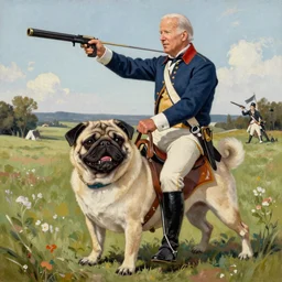 oil painting of Joe Biden fighting in the American revolutionary war while riding a giant pug