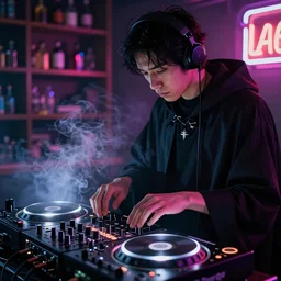 close up photo, dramatic lighting, concentration, aphex twin playing with big techno jukebox, sage smoke, magic cape, apothecary shelves in the background, by yoji shinkawa neon