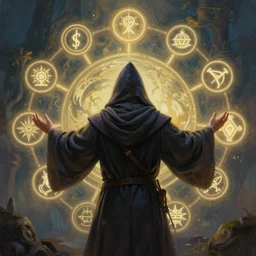 an epic painting of the wizard in the hood, surrounded by glowing symbols making hand passes to draw outlines of the new world, back view, fantasy background, mystic, mysterious, oil on canvas, symmetric, perfect composition, golden ratio, beautiful detailed, photorealistic, digital painting, concept art, smooth, sharp focus, illustration, artstation trending, octane render, unreal engine, hd, 8 k, highly detailed