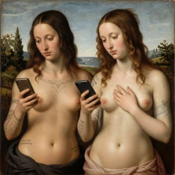 perfect renaissance painting of ada and eve with tattoos and cell phones, post - processed