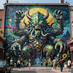 detail paint of cthulhu, 3d effect, street art on the wall, amazing, augment reality, busy street, hyperdetailed, unreal engine, octane render
