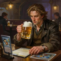 frank dillane playing magic the gathering in a pub, realistic, detailed, intricate, digital painting, trending on artstation, beer mug, beer, fantasy, background by marc simonetti, artwork by liam wong, handsome