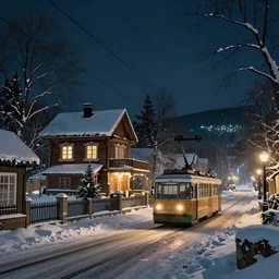 street with cottage inspired by Evgeny Lushpin,cable car,winter,nighttime,cinematic,art station