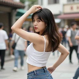 portrait of a taiwanese young woman seen from afar, crop top, latest fashion, dance pose, street photography iso 2 0 0 olympus e - m 5 ii