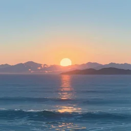 a beautiful illustration of the ocean at sunrise by Makoto Shinkai