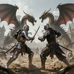 an epic battle between a knight and a dragon