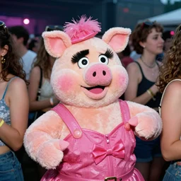 Miss Piggy at a rave in Manchester, surrounded by ravers, 1994, HD 35mm color flash photography, depth of field