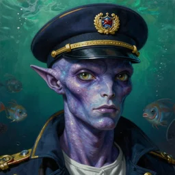 baroque neoclassicist close - up portrait of an purple alien sea captain with an intense gaze, underwater with sea creatures in the background. iridescent textures. deep green and blue. highly detailed science fiction painting by norman rockwell, frank frazetta, and syd mead. rich colors, high contrast, gloomy atmosphere. trending on artstation and behance.