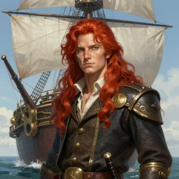 a portrait of a long haired, red headed male sky - pirate in front of an airship, epic fantasy, intricate, elegant, highly detailed, digital painting, trending on artstation, concept art, smooth sharp focus, illustration, art by artgerm and greg rutkowski