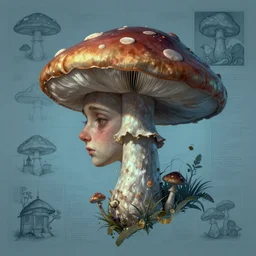 portrait of depressed mushroomfolk head and shoulders, in the style of Greg Broadmore and Arthur Rackham and Moebius, trending on artstation, light lighting side view,digital art,surrealism ,macro,blueprint ,vaporwave ,