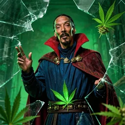 snoop dogg as doctor strange, multiple dimensions, green light, marijuana leaves, marijuana, shattered glass, refractions, highly detailed, environmental light, cinematic by francis tneh, period drama, unreal, natural tpose,