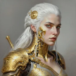 a painting of a woman with white hair in the style of god of war, golden machine parts, intricate, elegant, featured on cgsociety, photorealism, detailed painting, artstation hd, ultra detailed, concept art, smooth, sharp focus, illustration, a character portrait by pogus caesar, 8 k