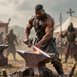 a muscular dwarf blacksmith, shirtless, with full length blacksmith apron!!!, swinging hammer down forging a sword on an iron anvil, cinematic, medieval, renaissance festival, realistic, tabletop miniatures!!!!!!!, product photos!!!!!! by greg rutkowski, craig mullins, archvillain, blizzard, hearthstone, wotc