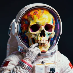 a rainbow skull thinking in an astronaut suit, 3 d hd andy warhol vintage style, brutalist primitivism expressionism, texture emotion memento mori we all die, posterized, miniature effect diorama, 3 5 mm grainy film