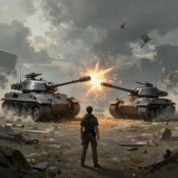 a person standing, admiring two war machines fighting, digital art, matte painting, fantasy at, trending on Artstation