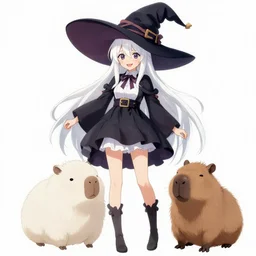 full body portrait character concept art, anime key visual of a smilling white hair little witch with her capybara mascot, delicate features finely detailed perfect face, gapmoe yandere grimdark, trending on pixiv fanbox, painted by greg rutkowski makoto shinkai takashi takeuchi studio ghibli, pixv, / r / anime