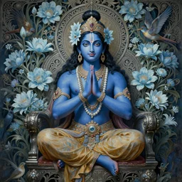 breathtaking detailed concept art painting art deco pattern a beautiful krishna with blue skin on sitted on an intricate metal throne, hands pressed together in bow, light - blue flowers with kind piercing eyes and blend of flowers and birds, by hsiao - ron cheng and john james audubon, bizarre compositions, exquisite detail, extremely moody lighting, 8 k h 1 0 2 4