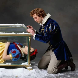 Michelangelo style, prince charming kneeling neck to snow whites glass coffin, pull back shot