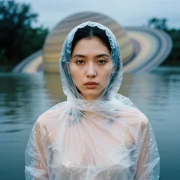 a closeup portrait of a woman wrapped in plastic, standing in front of flooded saturn covered in water, color photograph, by vincent desiderio, canon eos c 3 0 0, ƒ 1. 8, 3 5 mm, 8 k, medium - format print