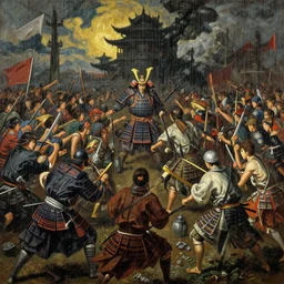 baroque oil painting of key visual large samurai battle, rain, brutalist fantasy, rule of thirds golden ratio, fake detail, trending pixiv fanbox, acrylic palette knife, style of makoto shinkai takashi takeuchi yoshiyuki sadamoto greg rutkowski chiho aoshima