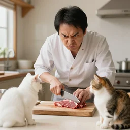 angry japanese butcher slices meat next to two cute cats looking at him
