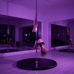 studio scorpio pole fitness, studio art, purple light, photo realism.