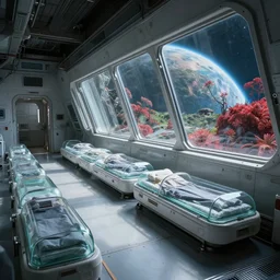 epic professional digital art of interior scene of large white cargo bay in a darkened spaceship, with upright glass sleeping pods lining wall and huge glass windows with a lush alien planet with red vegetation outside, 4 k, cinematic, detailed, best artstation, cgsociety, epic, stunning, gorgeous, wow wow detail