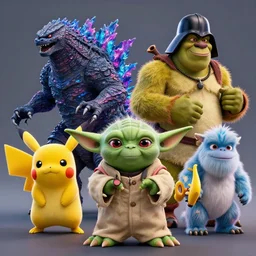 guardians of the galaxy godzilla yoda donkey kong pikachu yeti shrek super mario homer groot waluigi darth vader mike wazowski, highly detailed, extremely high quality, hd, 4 k, 8 k, professional photographer, 4 0 mp, lifelike, top - rated, award winning, cinematic, realistic, detailed lighting, detailed shadows, sharp, no blur, edited, corrected, trending