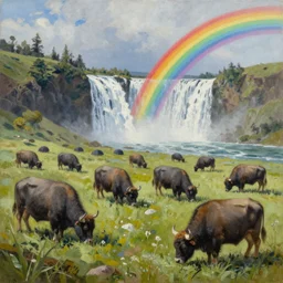 buffalos grazing a field of umbrellas with a waterfall and a rainbow in the background, oil on canvas