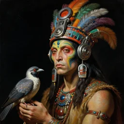 a baroque close - up portrait of a fantasy alien cyborg shaman wearing facepaint and a colorful futuristic aztec headset with metallic technology, holding a bird. cosmic black background. studio lighting. highly detailed science fiction fantasy painting by norman rockwell, moebius, frank frazetta, syd mead, and sandro botticelli. high contrast. renaissance masterpiece. artstation