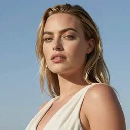 margot robbie as a beautiful greek god in the sky, highly detailed, sexy look, detailed face, digital art, trending on artstation