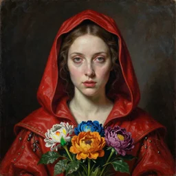 portrait of a medieval scarlet hooded woman priestess, goth punk, floral flowers, rainbow colors, surreal, a flemish baroque by alexander mcqueen, art by john collier by greg rutkowski and craig mullins, oil on canvas
