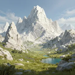 A highly detailed 4K fantasy matte painting of white stone mountains. Grasslands with lakes.  Craig Mullins, ArtStation, CGSociety, Unreal Engine