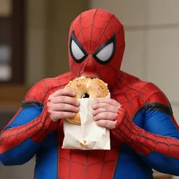 overweight spider - man eating a bagel, photograph, 8 k