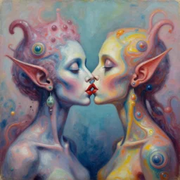 expressive painting by francesca sundsten of two bizarre psychedelic femme creatures kissing each other closeup, speculative evolution, exobiology