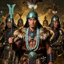 beautiful full - bodied portrait depicted an tai ethnic group band of warlords, young handsome male face, clothed with an glass canelian agate beads, dongson bronze artifacts, leather, elegant and rich cloth made of fur and leather. he wears on head a helmet made of bronze, feathers, holds a dongson dragger. by daniel f. gerhartz and artgerm and greg rutkowski. dark fantasy art, energetic mood, golden ratio composition, dynamic lighting, trending on artstation, poster, volumetric lighting, 4 k