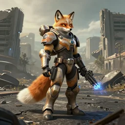 antrho furry arctic fox wearing power armor in a post - apocalyptic wasteland with crumbling buildings, cracked asphalt, debris, plasma rifle, in the style of fallout 4 and borderlands