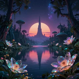 landscape by robert venturi, synthwave extraterrestial fantasy lake at night neon noir universe otherworldly cosmic futuristic desert vaporwave junglepunk at dusk forest water darkacademia rainforest biopunk morning sun tron made of glass flowers sunlight magic realism, archdaily, wallpaper, highly detailed, trending on artstation.